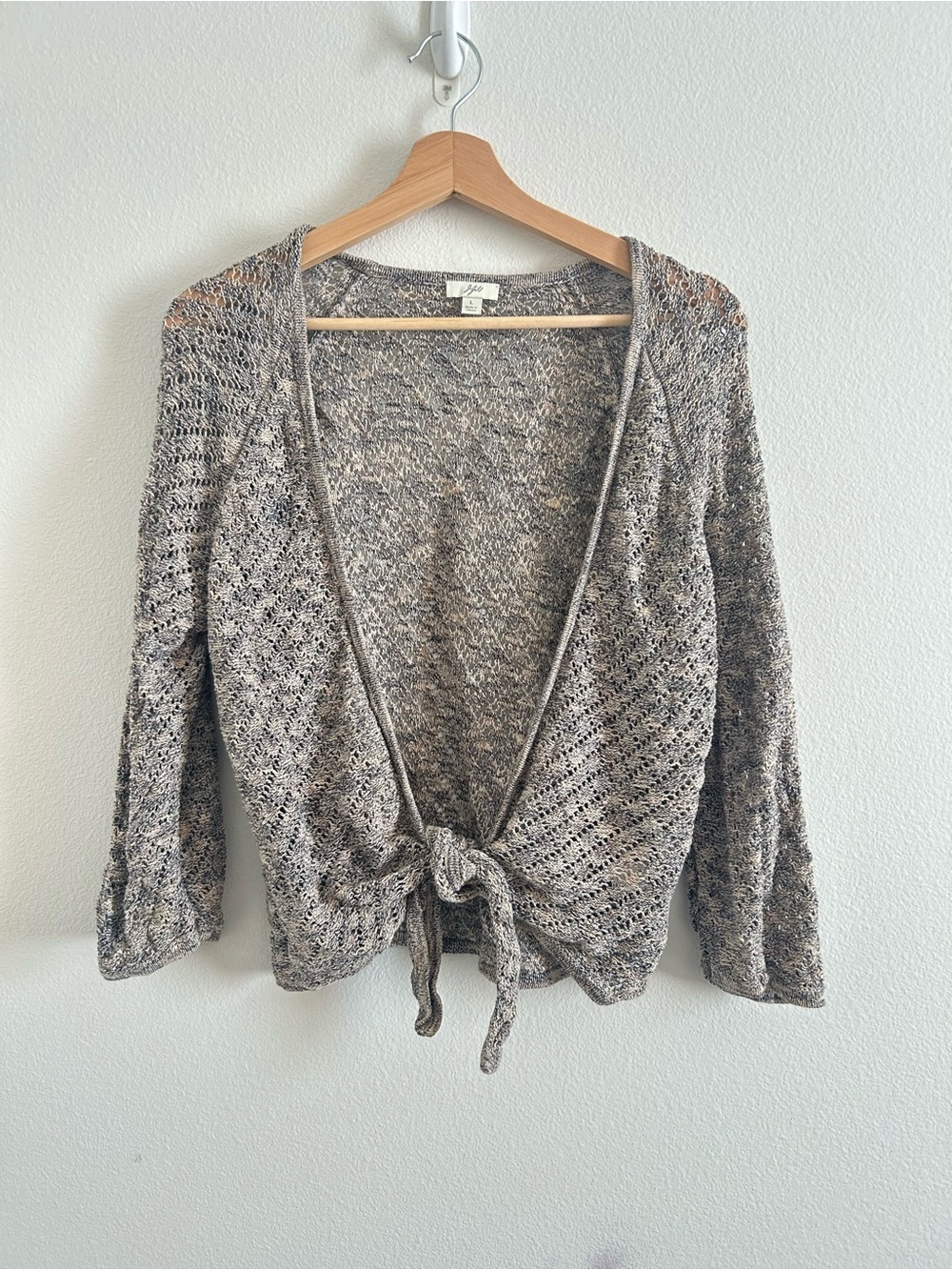 J. Jill Tie-Front Cotton Linen Open Knit Cardigan | Gray/Beige | Size L